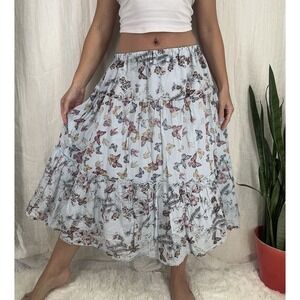 Butterfly Tiered Midi Skirt M Fairy Cottage Whimsy Y2K Floral Light Blue Elastic